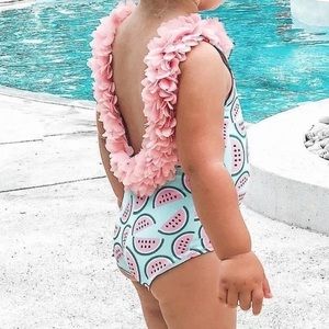 Watermelon Little Girls’ Toddler Fun Onesie Swimsuit Pink Blue Ruffles NWT